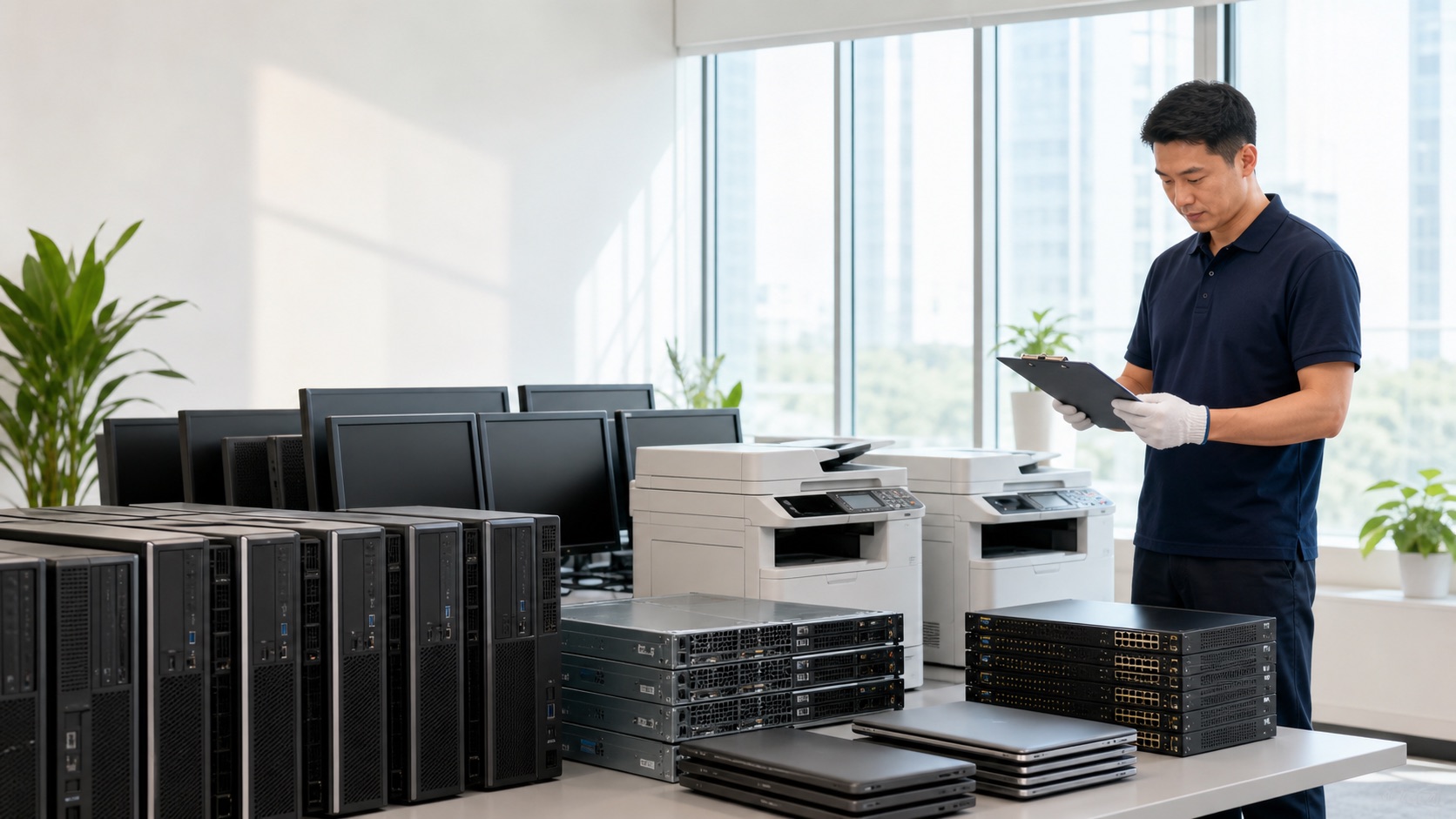 工作人员清点企业电脑和网络设备